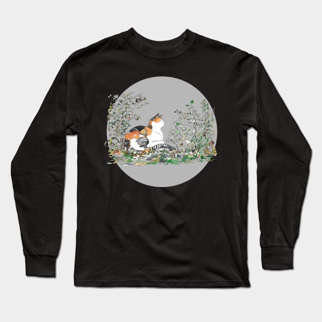 Calico Cat In The Garden Long Sleeve T-Shirt by merahituhijau